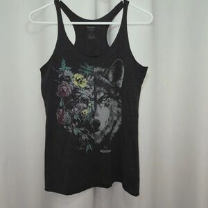 Reebok Black Racerback Tank with Wolf and Floral Artwork